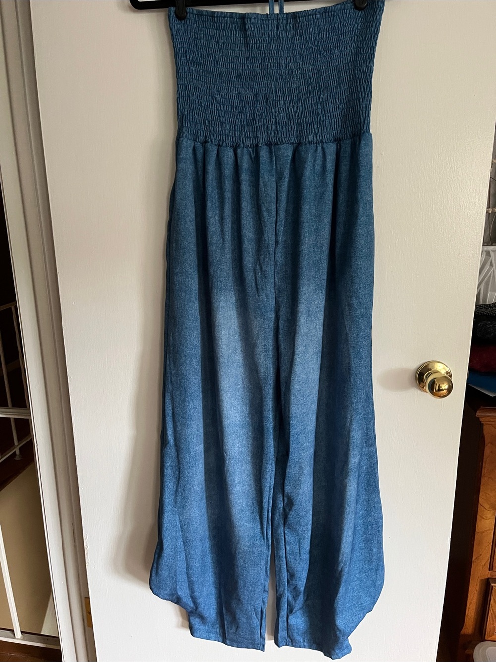 Smocked High-Waist Wide Leg Cropped Jumpsuit - Blue